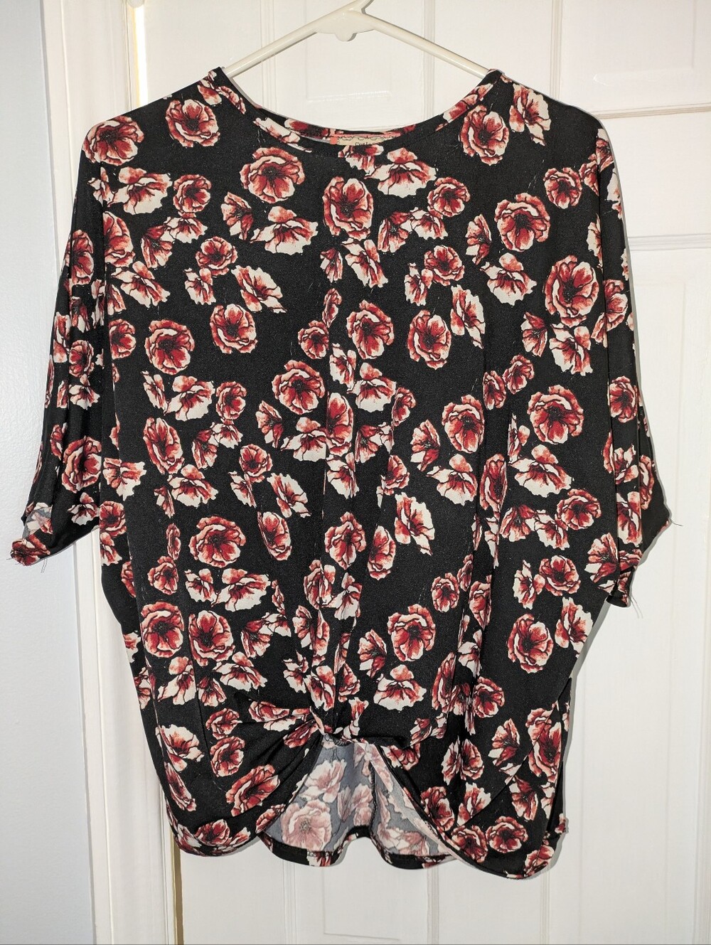 Floral Knot-Front Women's Top - Black with Red Rose Print